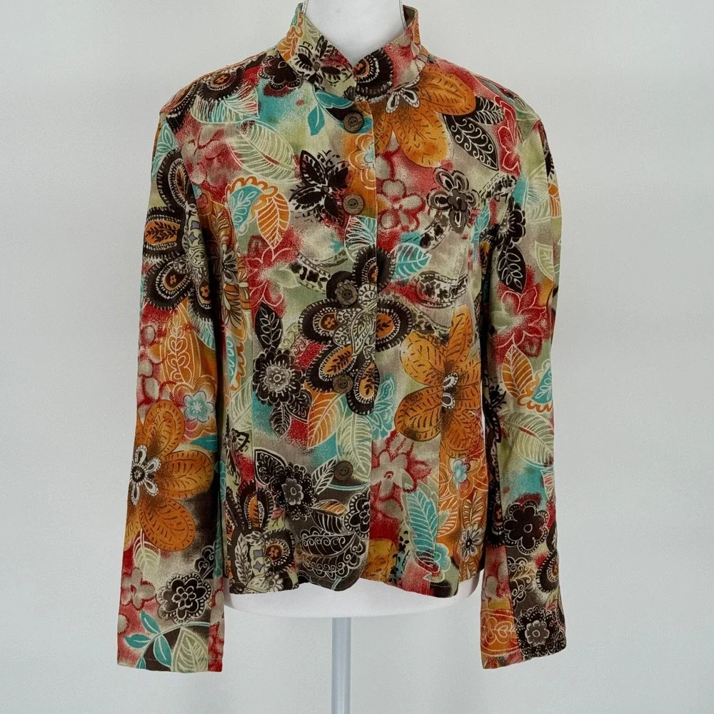 Coldwater Creek Floral Artsy Button‎ Front Jacket Multicolor Lightweight M